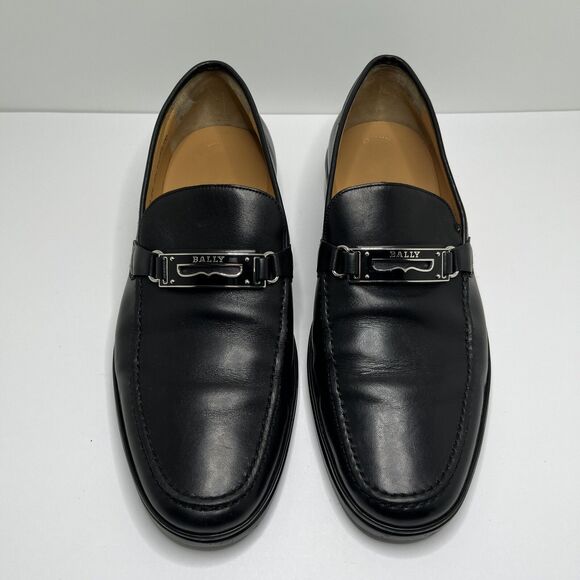 BALLY Black Leather Loafers Dress Shoes Silver Buckle Logo Men’s Size 8 D RARE main image 10